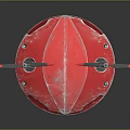 Red Flying Saucer Shaped Object With Rotors Blue Sphere And Stands On Dark Surface