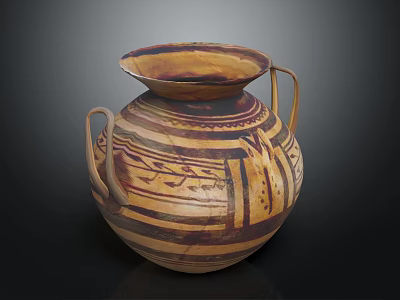 Handcrafted Ancient Pottery Vessel With Two Handles Geometric Patterns And Brown Yellow Tones 3d model