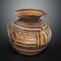 Handcrafted Ancient Pottery Vessel With Two Handles Geometric Patterns And Brown Yellow Tones