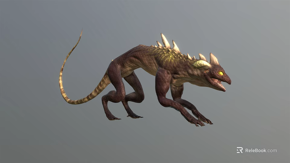 Mythical Lizard Creature In Dynamic Running Pose With Spiked Back Long Tail Yellow Eyes 3d model 