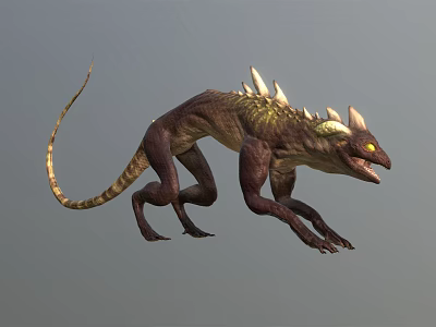 Mythical Lizard Creature In Dynamic Running Pose With Spiked Back Long Tail Yellow Eyes 3d model