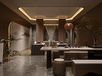 Elegant Zen Style Beauty Spa Salon Interior Design With Wooden Decor And Comfortable Massage Beds 3d model