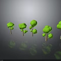 Green Tree Models With Light Colored Trunks And Green Canopies On Black Background With Reflections