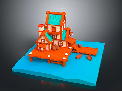 Cartoon Style Orange House With Green Roof On Blue Water Dock Scene 3d model