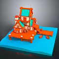 Cartoon Style Orange House With Green Roof On Blue Water Dock Scene