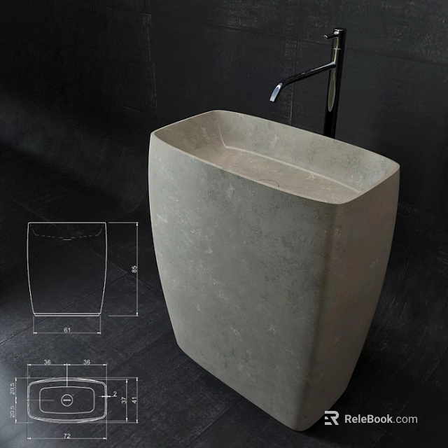 Concrete Free Standing Washbasin with Metal Faucet and Technical Design Drawings on Dark Background 3d model 