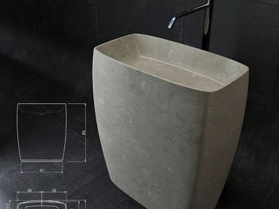 Concrete Free Standing Washbasin with Metal Faucet and Technical Design Drawings on Dark Background 3d model