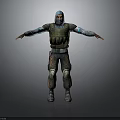 3D Tactical Character With Green Vest Blue Arm Guards Camouflage Pants Knee Pads Gray Background