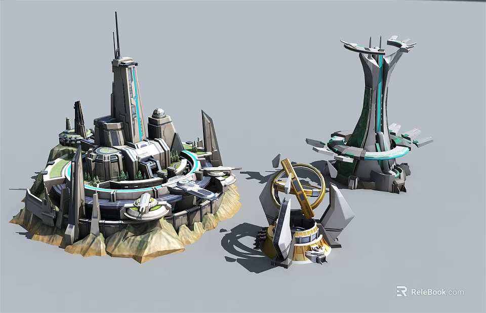 Cartoon Sci Fi City Scene With Futuristic Tower Structures And Circular Mechanical Designs 3d model 