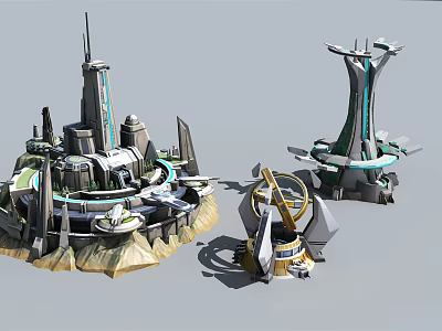 Cartoon Sci Fi City Scene With Futuristic Tower Structures And Circular Mechanical Designs 3d model
