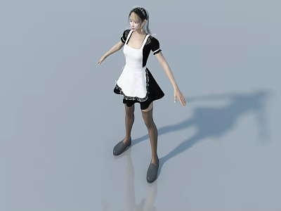 Woman in Classic Maid Outfit Standing Against Gray Background With Black Top White Apron 3d model