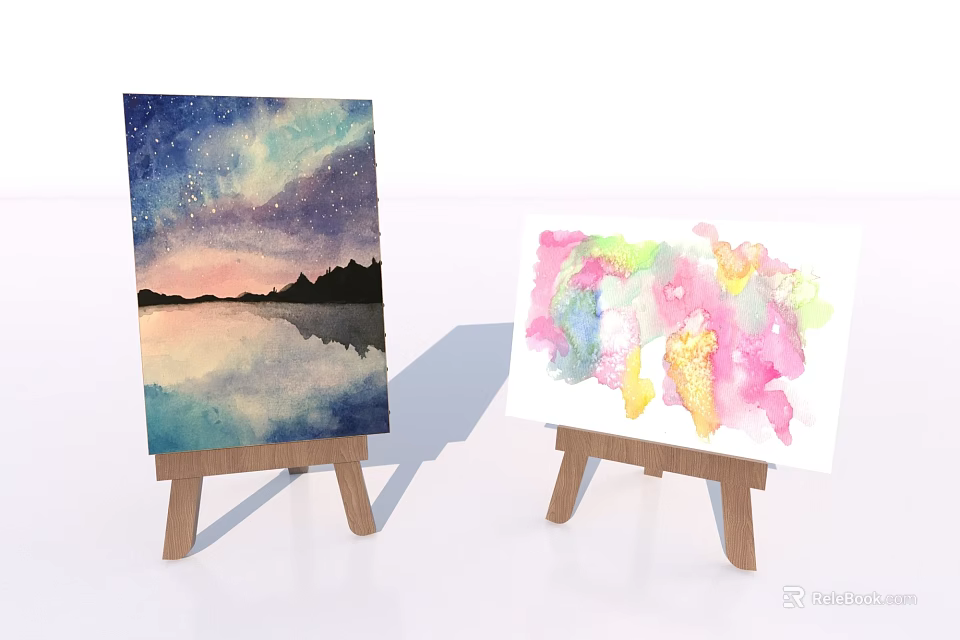Watercolor Painting Easels With Starry Sky Landscape And Colorful Abstract Canvas 3d model 