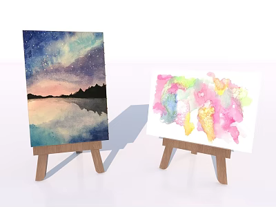Watercolor Painting Easels With Starry Sky Landscape And Colorful Abstract Canvas 3d model
