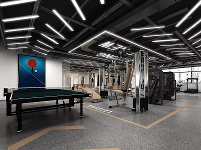 Modern Fitness Gym Interior With Ping Pong Table Exercise Machines Ceiling Lights And Floor Arrows 3d model