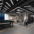 Modern Fitness Gym Interior With Ping Pong Table Exercise Machines Ceiling Lights And Floor Arrows