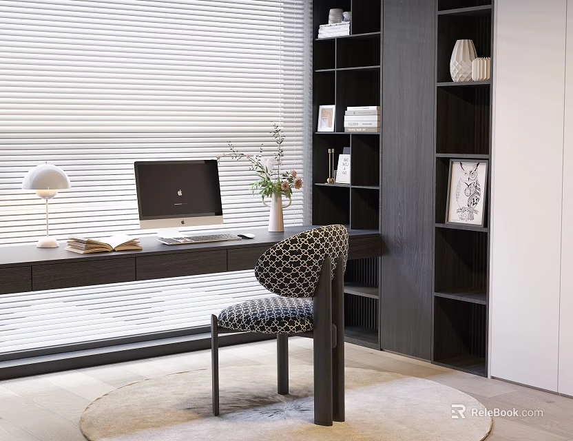 Modern Home Office Wooden Desk and Patterned Chair with Computer Lamp Books Vase Bookshelf Blinds 3d model 