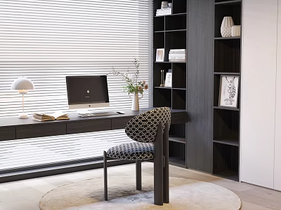 Modern Home Office Wooden Desk and Patterned Chair with Computer Lamp Books Vase Bookshelf Blinds 3d model