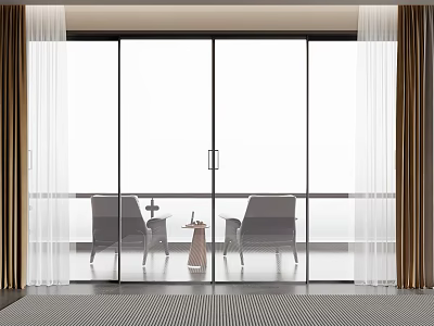 Modern Glass Sliding Doors In Living Space With Curtains And Seating Furniture 3d model