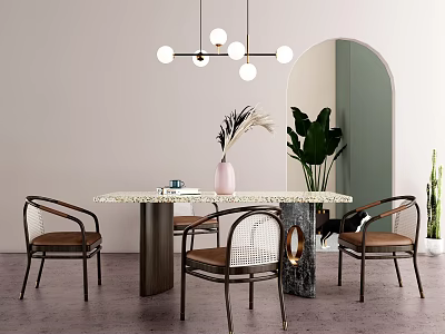 Modern Dining Table Set With Marble Tabletop Chairs Green Plants And Spherical Pendant Lights 3d model