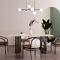 Modern Dining Table Set With Marble Tabletop Chairs Green Plants And Spherical Pendant Lights