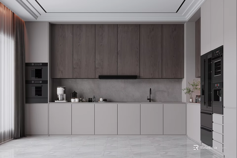 Modern Kitchen Interior With Gray And Wood Cabinets Gray Countertop And Black Appliances 3d model 