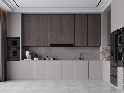 Modern Kitchen Interior With Gray And Wood Cabinets Gray Countertop And Black Appliances 3d model
