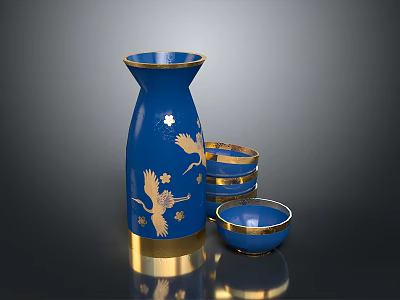 Blue Gold Decorative Vase with Crane Star Patterns and Matching Bowls 3d model