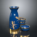 Blue Gold Decorative Vase with Crane Star Patterns and Matching Bowls