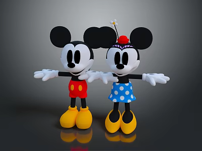 Mickey Minnie Plush Dolls with Red Shorts Yellow Buttons Blue Polka Dot Dress Arms Outstretched 3d model