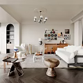 Modern Living Room Interior Design With Chandelier Open Bookshelf White Sofa Coffee Table And Fireplace