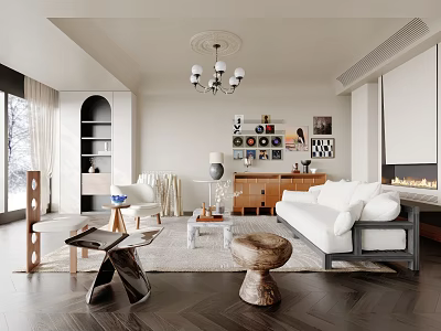 Modern Living Room Interior Design With Chandelier Open Bookshelf White Sofa Coffee Table And Fireplace 3d model