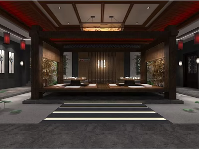 Traditional Chinese Tea House Interior With Wooden Structure And Red Lanterns 3d model