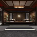 Traditional Chinese Tea House Interior With Wooden Structure And Red Lanterns