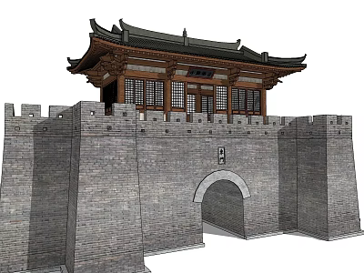 Ancient Chinese Architecture With Traditional Roof And Stone City Wall Arched Entrance 3d model