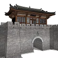 Ancient Chinese Architecture With Traditional Roof And Stone City Wall Arched Entrance