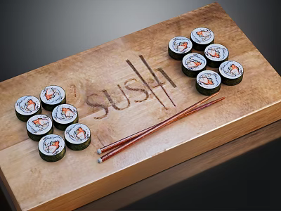 Assorted Sushi Rolls On Wooden Tray With Chopsticks And Engraved Sushi 3d model