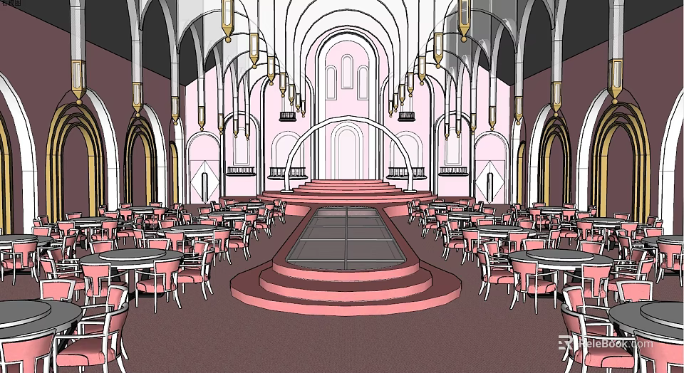Elegant Banquet Hall With Spacious Layout Stage Tables And Chandeliers 3d model 