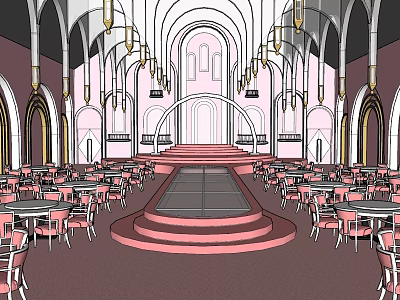 Elegant Banquet Hall With Spacious Layout Stage Tables And Chandeliers 3d model