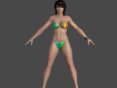 Woman in Green Rainbow Bikini with Arms Outstretched Standing Against Gray Background 3d model