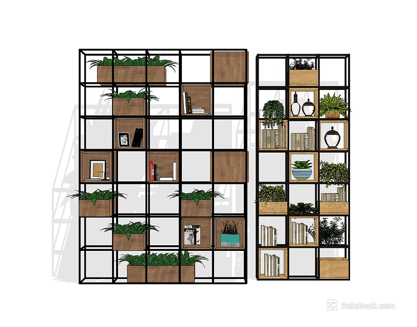 Modern Open Bookcase With Metal Frame Wooden Shelves Books Decorative Plants And Ornaments 3d model 