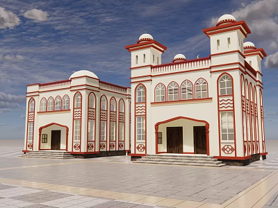Two Islamic Style Buildings Featuring White Red Exterior Domes And Arched Windows On Plaza 3d model