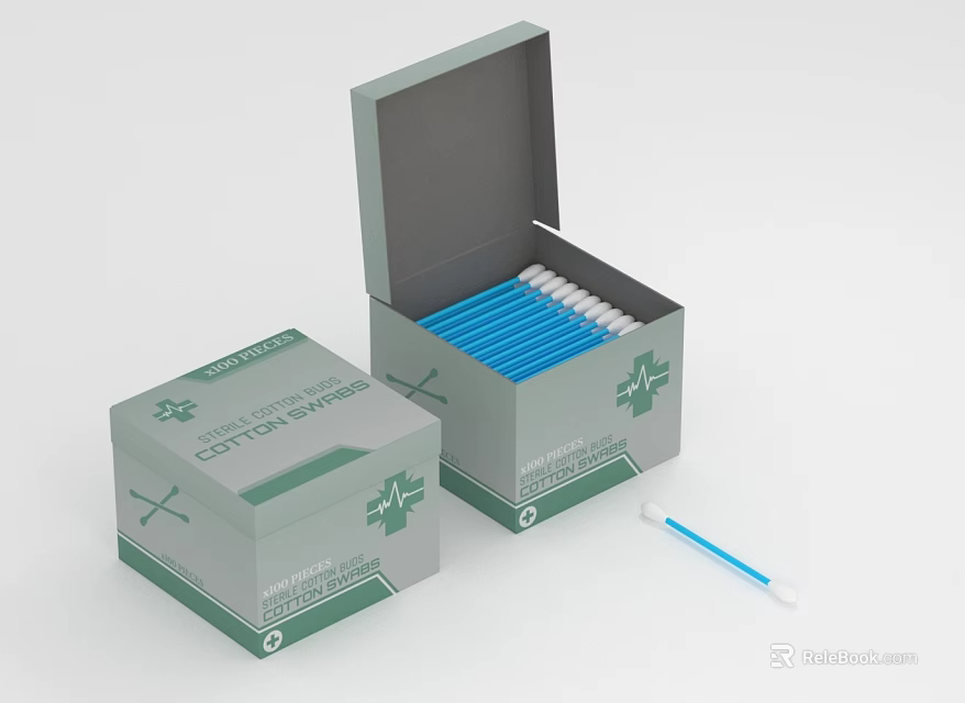 Cotton Swabs Open Box With Blue Swabs And Green Cross Symbol 3d model 