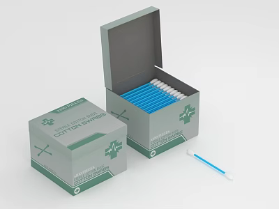 Cotton Swabs Open Box With Blue Swabs And Green Cross Symbol 3d model