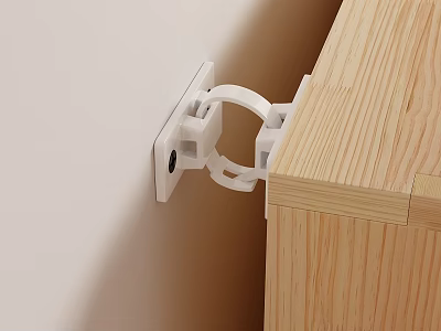 White Plastic Hook Mounted On Wall For Securing Wooden Cabinet In Room 3d model