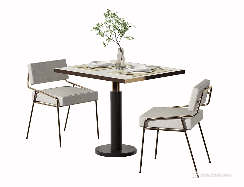 Modern Minimalist Dining Table Set With Two Chairs Vase Green Plant And Tableware 3d model 