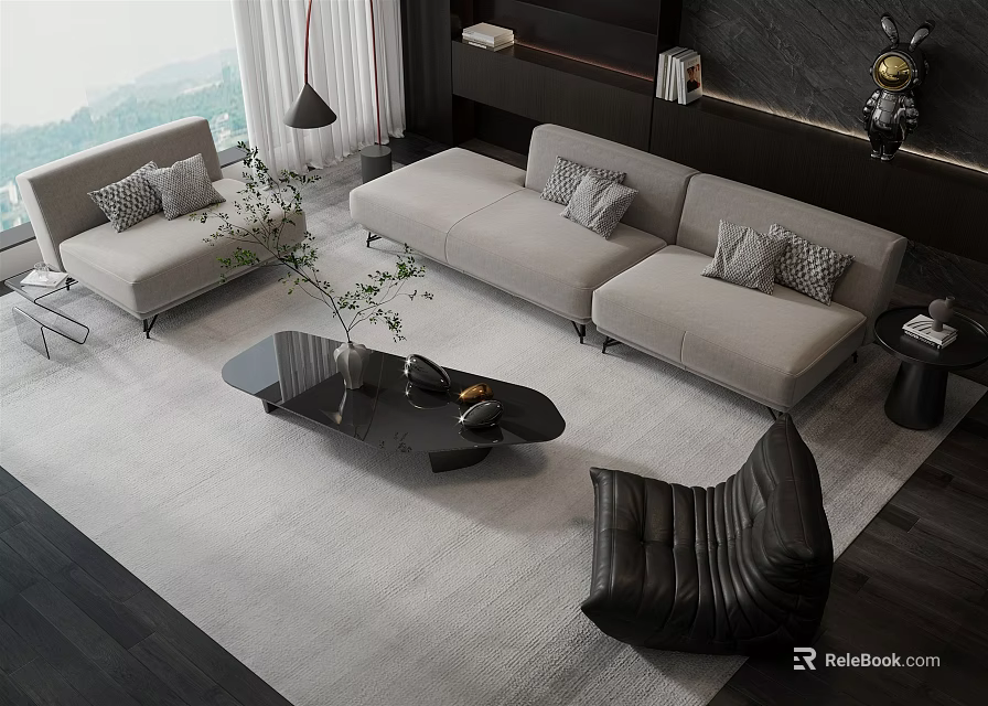 Modern Living Room Sofa Coffee Table Set With Gray Sectional And Black Glass Top Table 3d model 