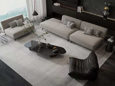 Modern Living Room Sofa Coffee Table Set With Gray Sectional And Black Glass Top Table 3d model