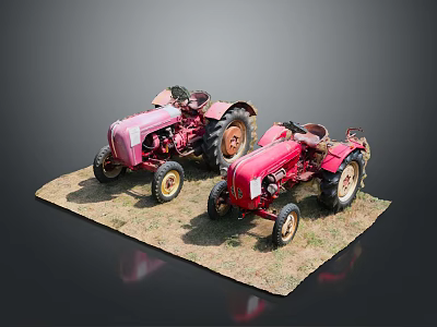 Vintage Pink And Red Tractors Displayed On Grassy Surface With Gray Background 3d model