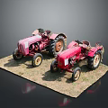 Vintage Pink And Red Tractors Displayed On Grassy Surface With Gray Background