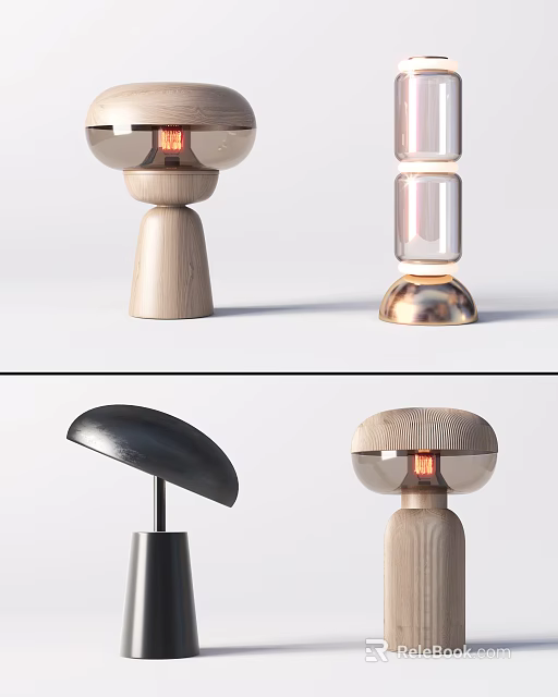 Modern Table Lamps With Wooden Bases Transparent Cubes And Black Arc Shades 3d model 